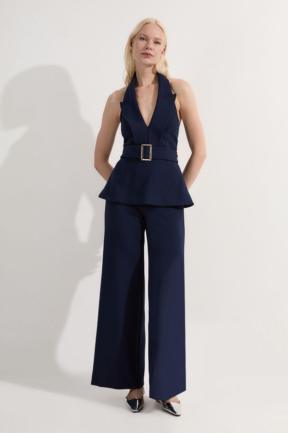 Compact Stretch Halterneck Tailored Wide Leg Jumpsuit by KARENMILLEN