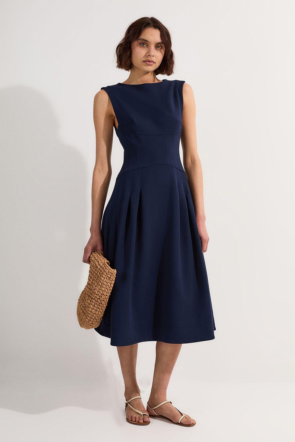 Compact Stretch Open Back Full Skirted Tailored Midi Dress by KARENMILLEN