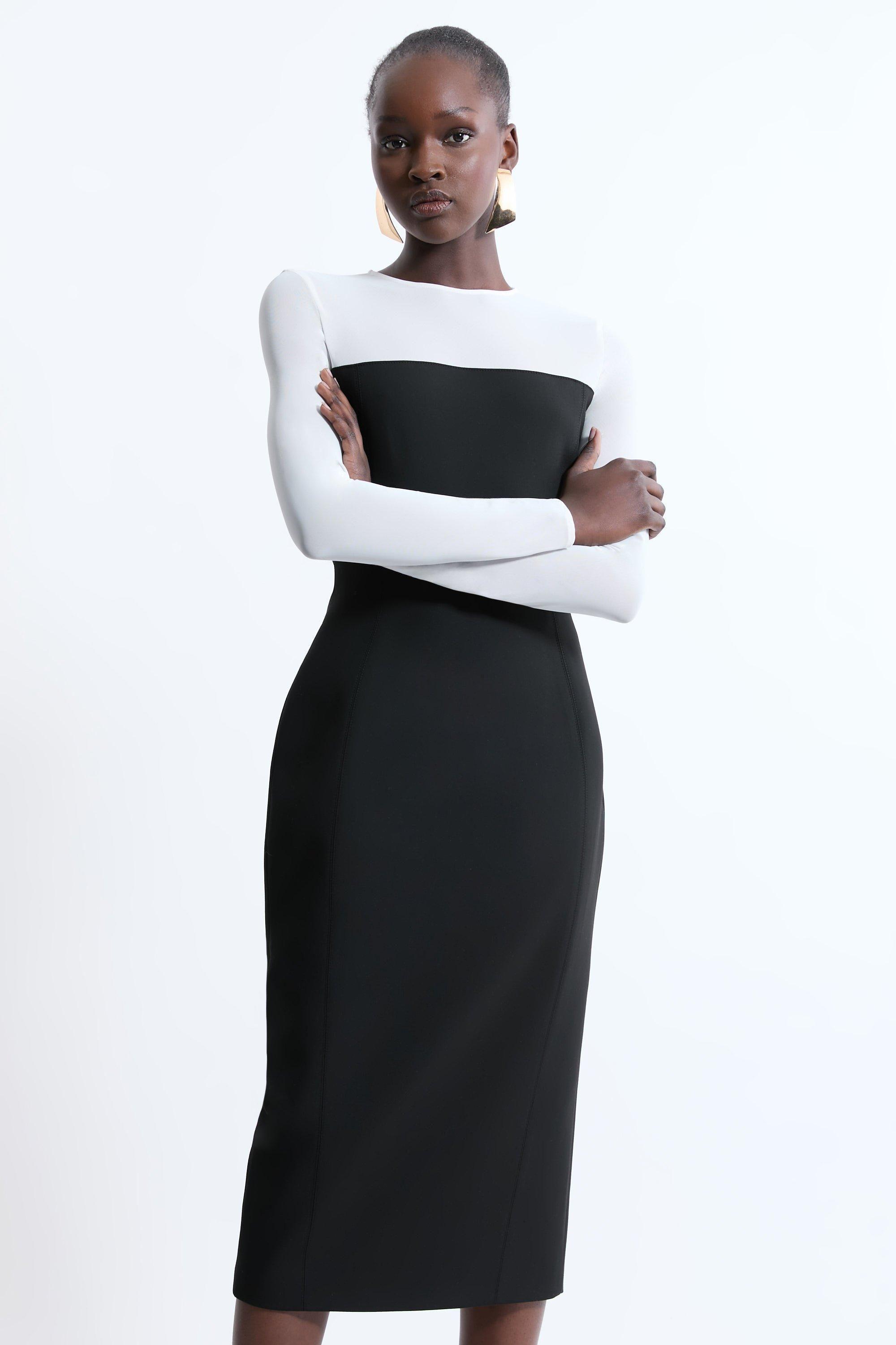 Compact Stretch Sheer Insert Tailored Midi Dress by KARENMILLEN Compact Stretch Sheer Insert Tailored Midi Dress by KARENMILLEN