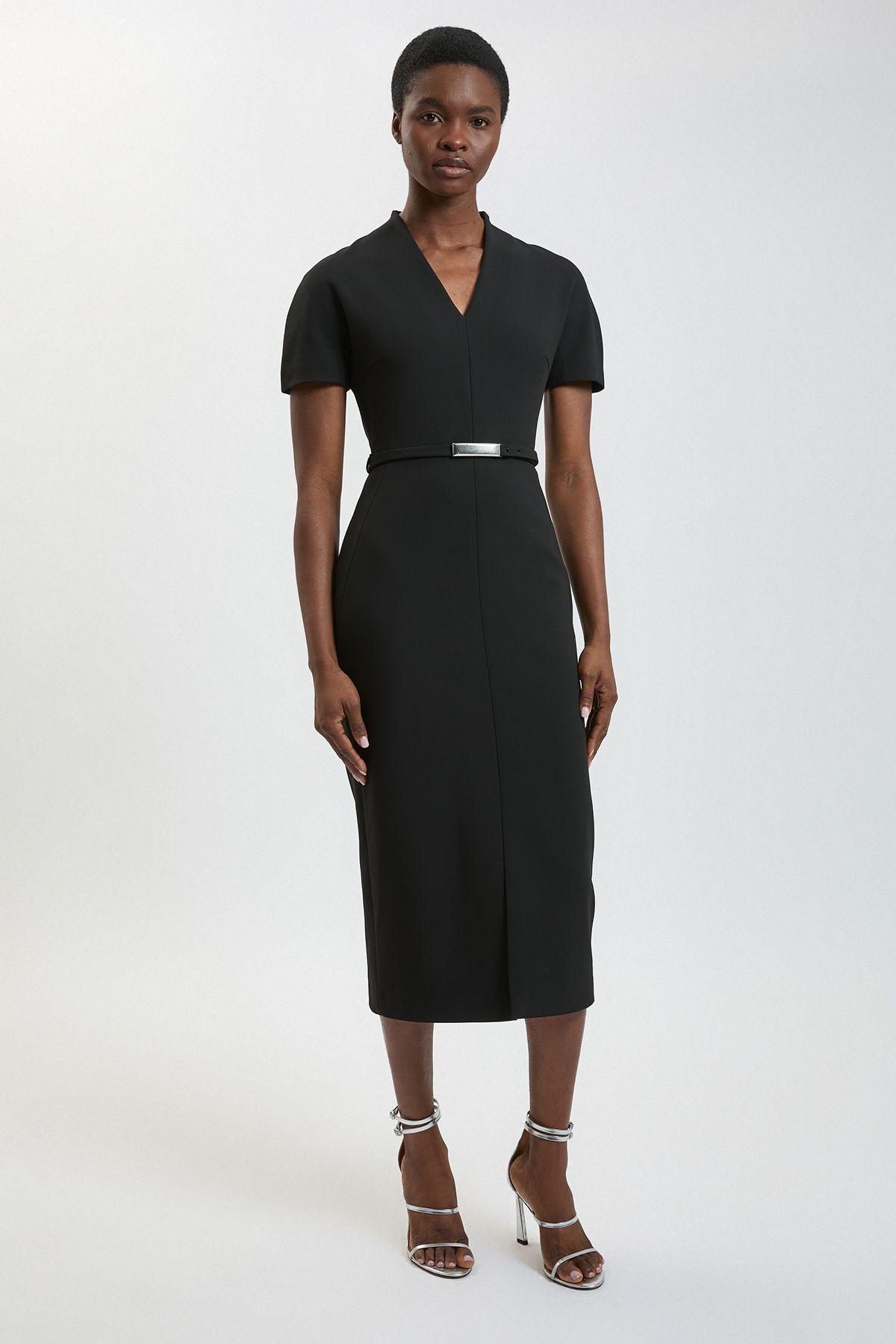 Compact Stretch Tailored Belted Midi Pencil Dress by KARENMILLEN