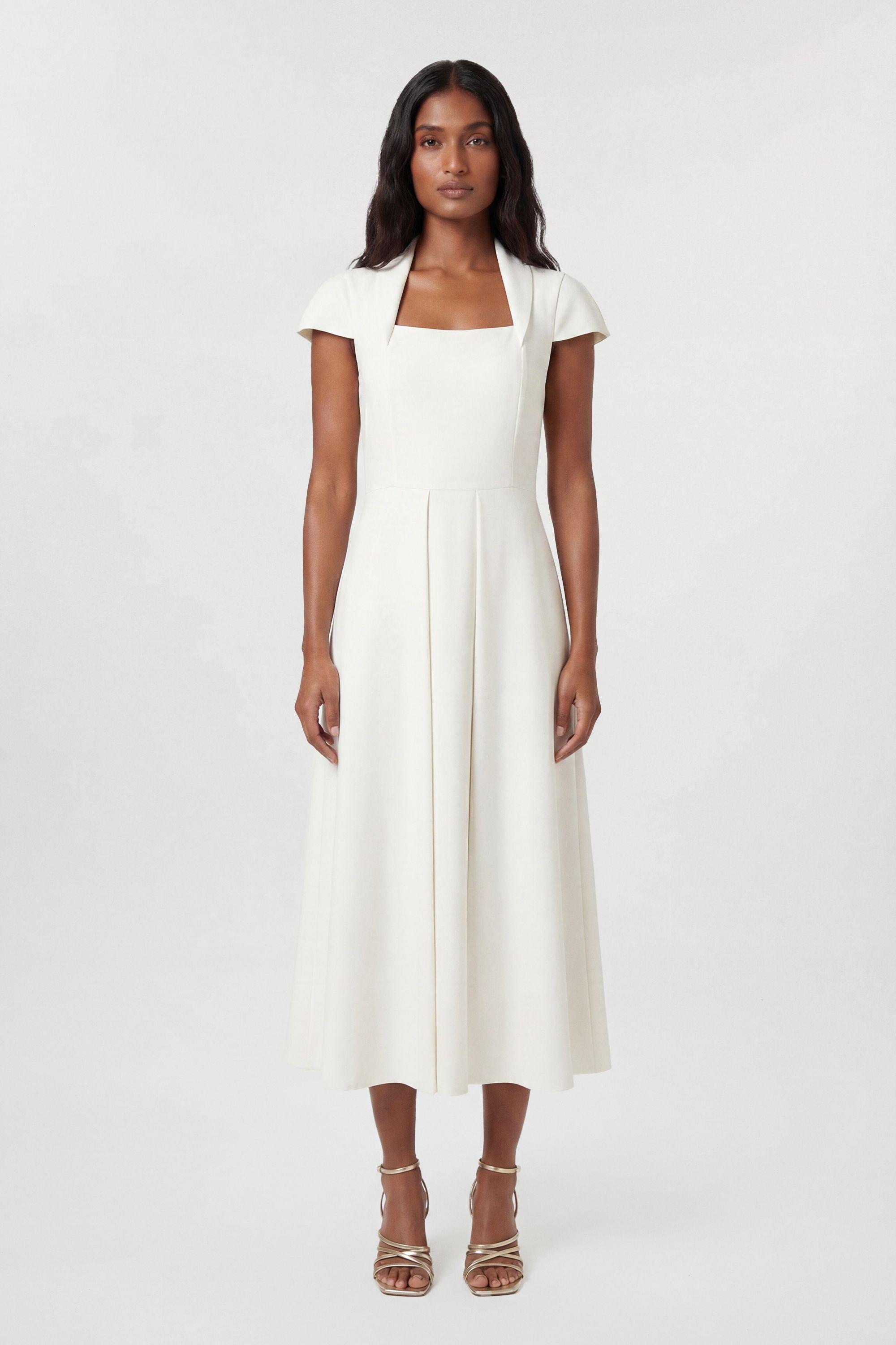 Compact Stretch Tailored Square Neck Full Skirted Midi Dress by KARENMILLEN