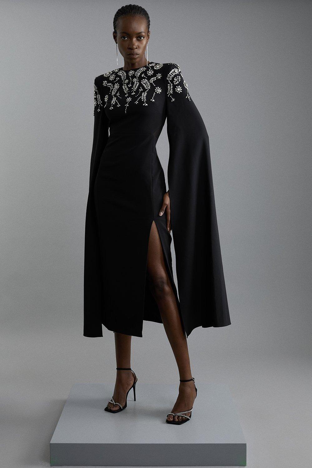 Compact Stretch Viscose Crystal Embellished Cape Maxi Dress by KARENMILLEN