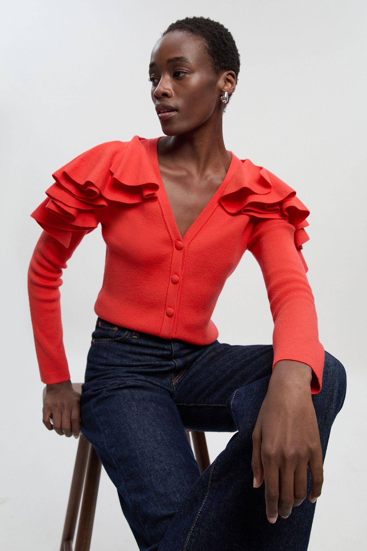 Compact Wool Look Ruffle V Neck Cardigan by KARENMILLEN