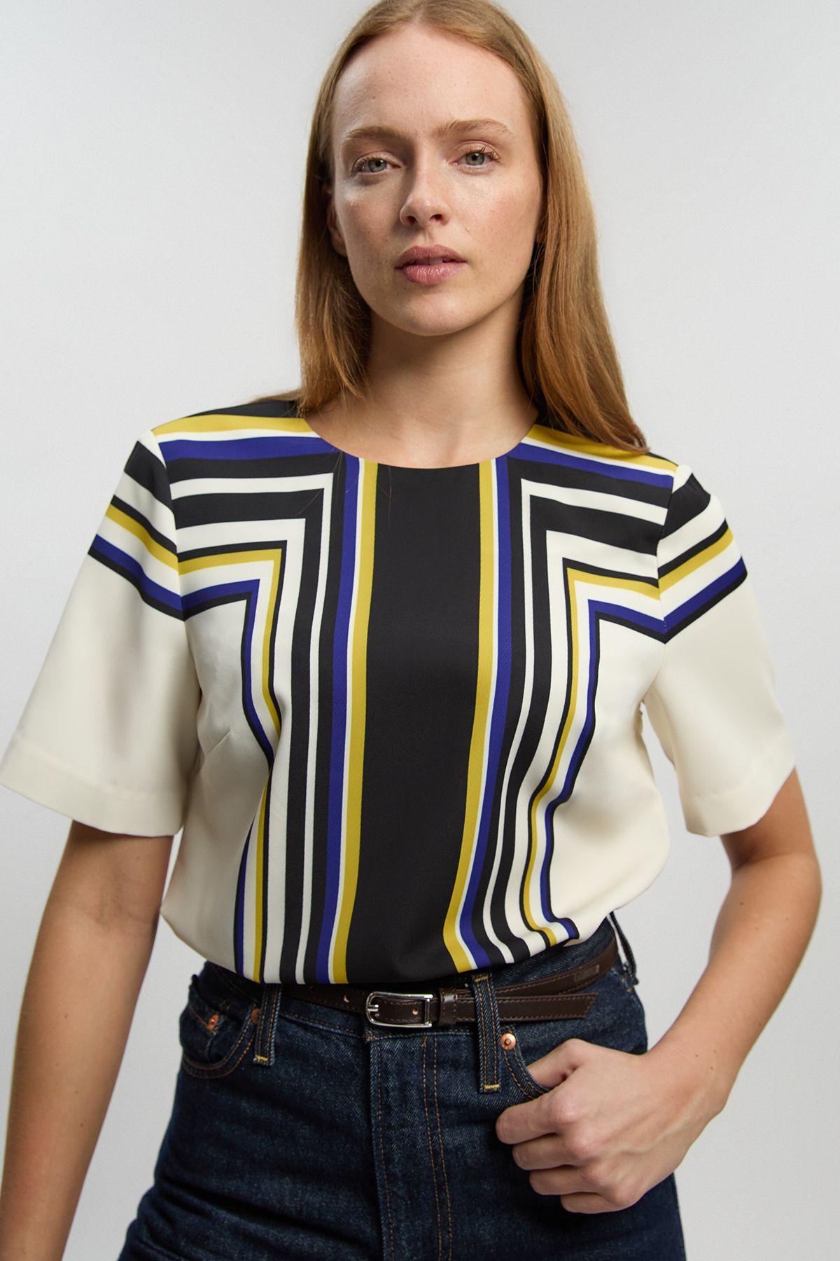 Contrast Stripe Twill Woven Angel Sleeve Blouse by KARENMILLEN