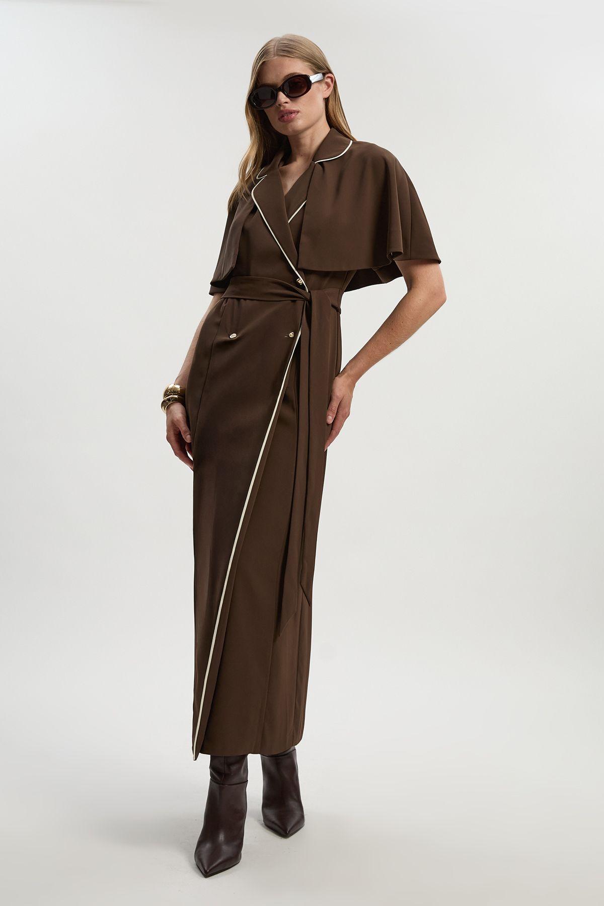 Contrast Tipping Tie Waist Short Sleeve Woven Trench Midi Dress by KARENMILLEN