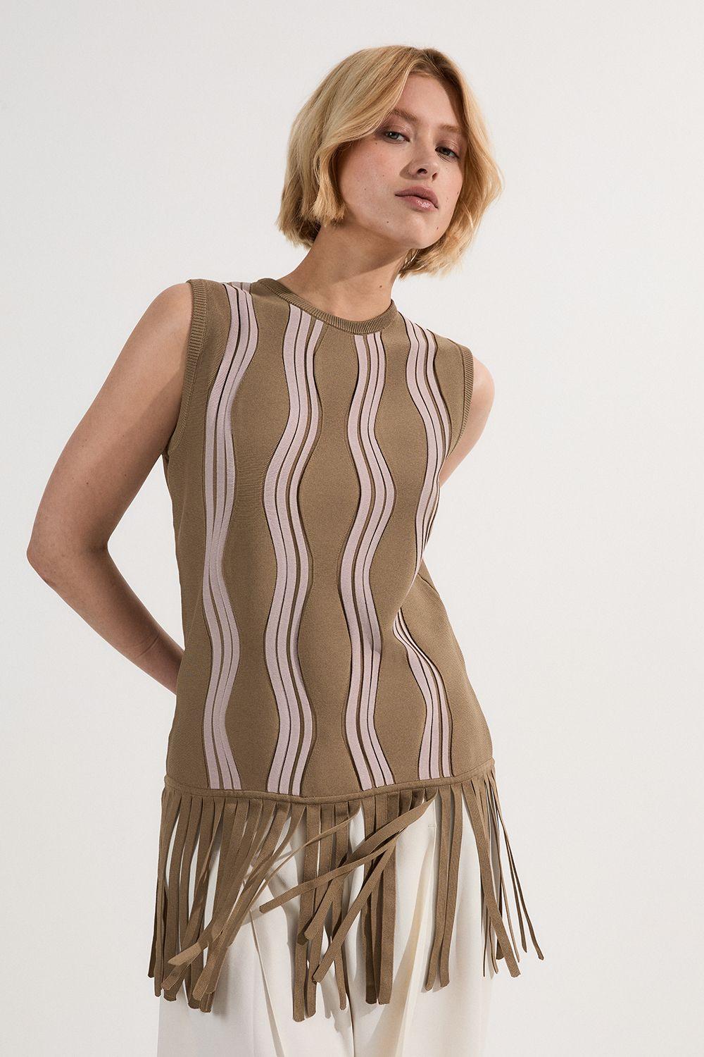 Contrast Wave Knit Top With Fringing by KARENMILLEN