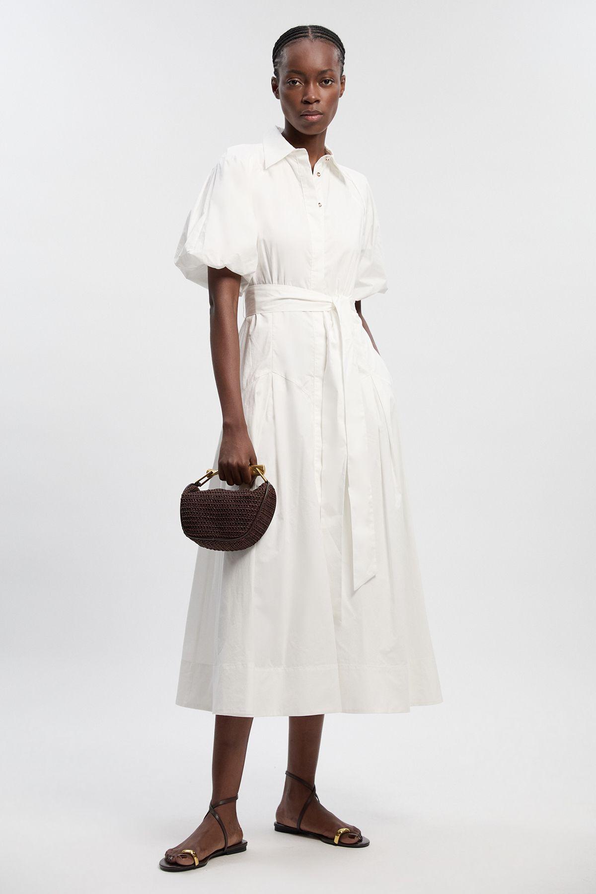 Cotton Puff Sleeve Woven Midi Shirt Dress With Dropped Waist Detail by KARENMILLEN