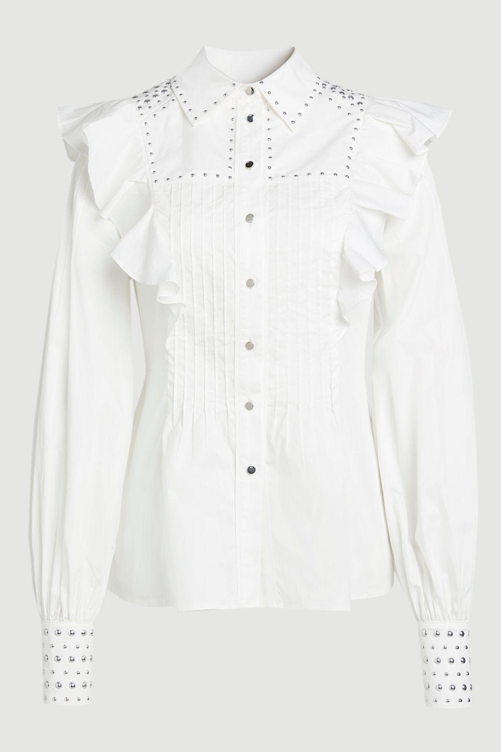 Cotton Sateen Drama Sleeve Studded Woven Maxi Shirt by KARENMILLEN