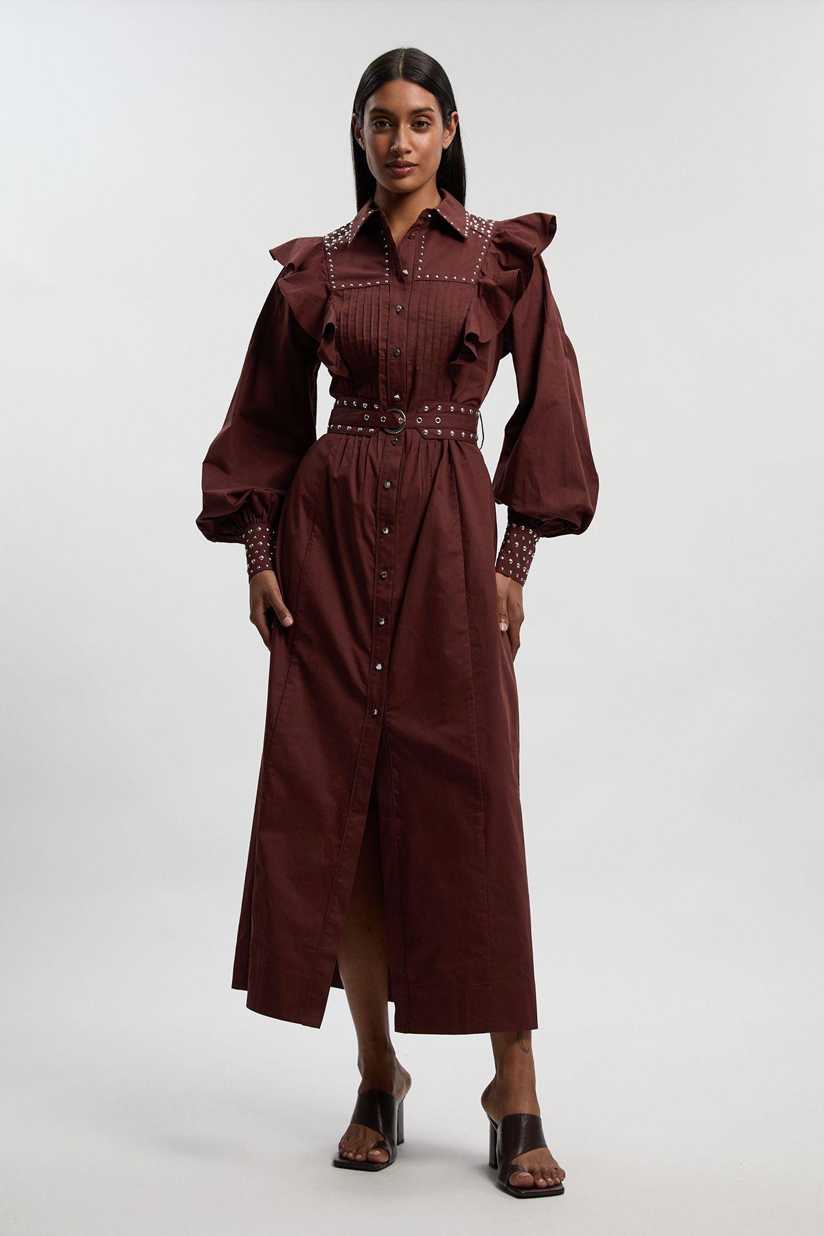Cotton Sateen Drama Sleeve Studded Woven Maxi Shirt Dress by KARENMILLEN