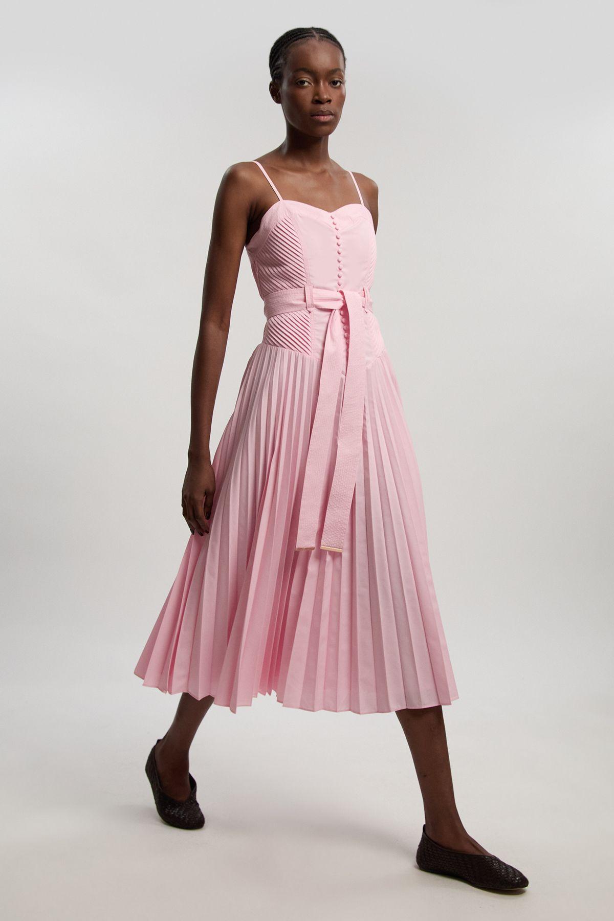 Cotton Top Stitch Dropped Waist Woven Strappy Midi Dress by KARENMILLEN