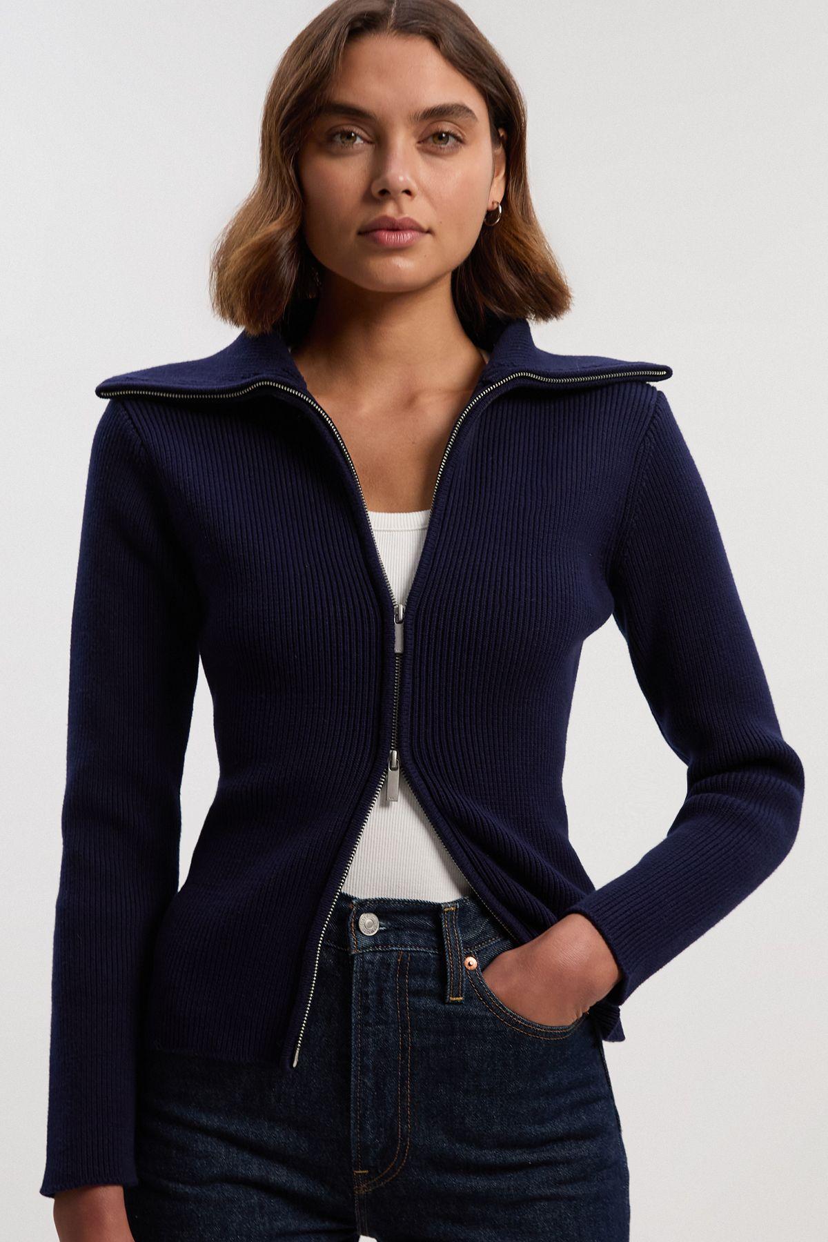 Cotton Zip Through Collar Knit Cardigan by KARENMILLEN