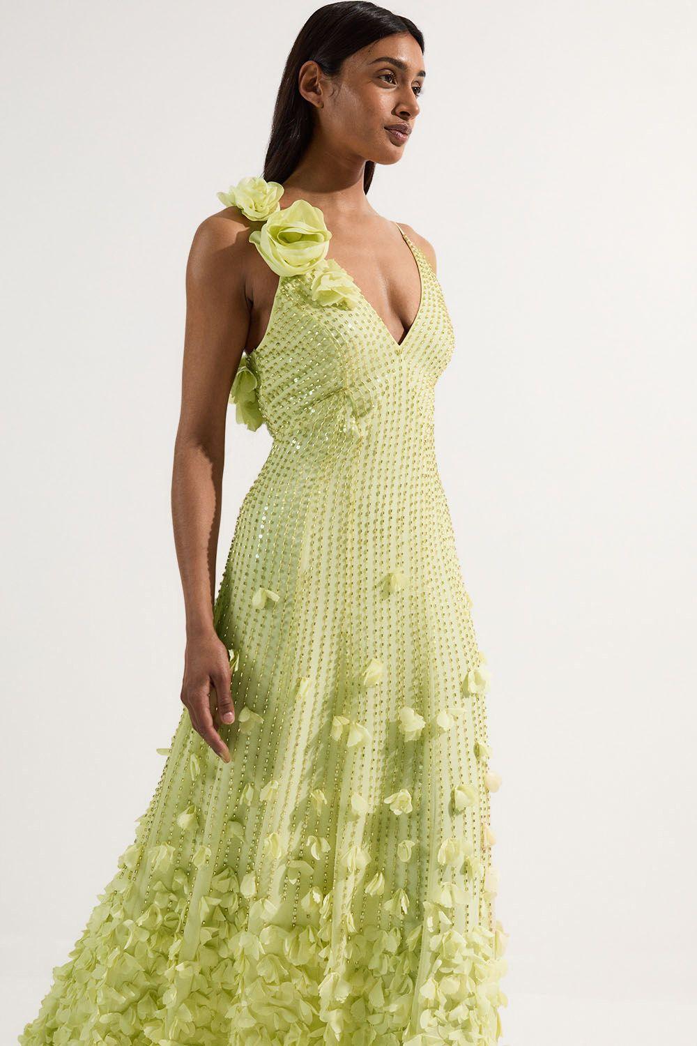 Crystal Applique Strappy Rosette Woven Maxi Dress by KARENMILLEN