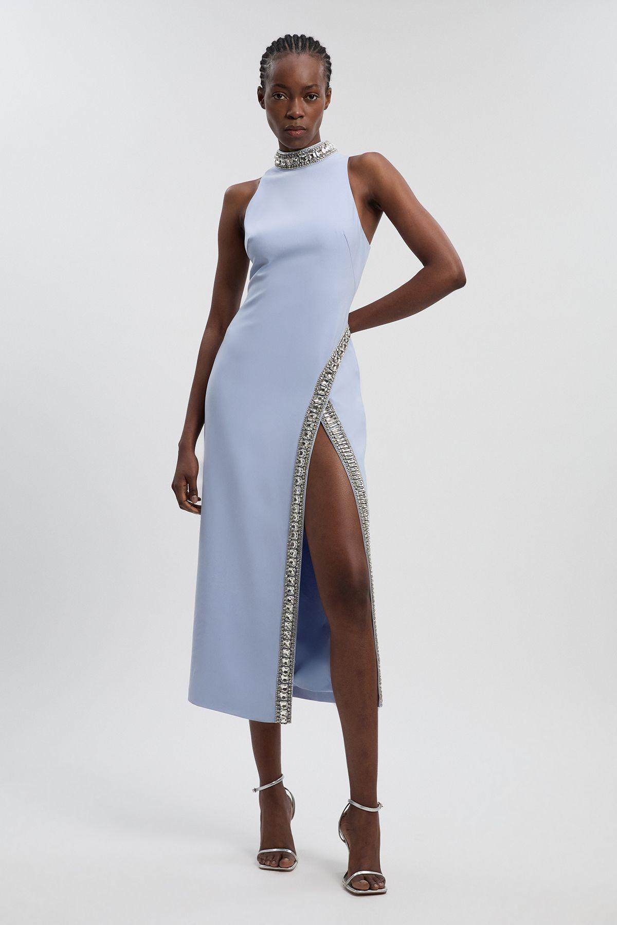 Crystal Embellished Woven Thigh Split Maxi by KARENMILLEN