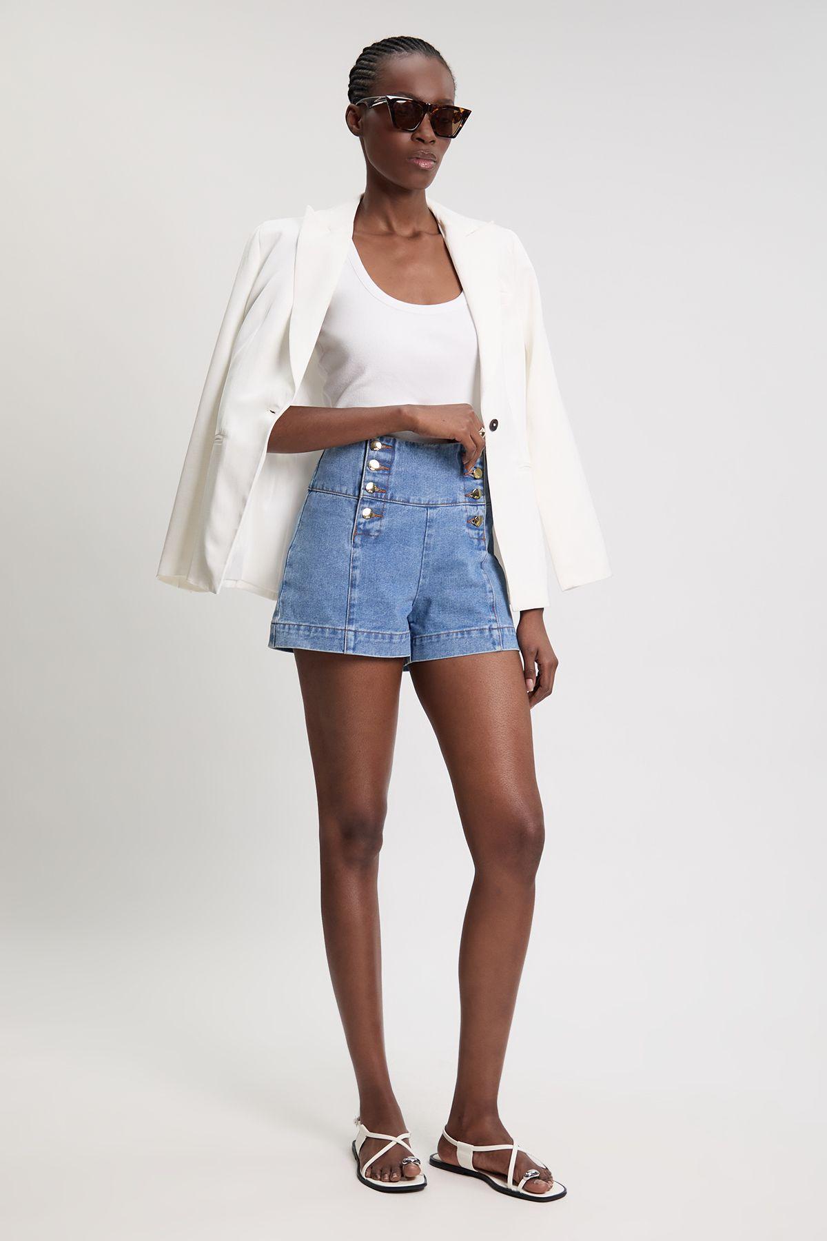 Denim Button Front Shorts by KARENMILLEN