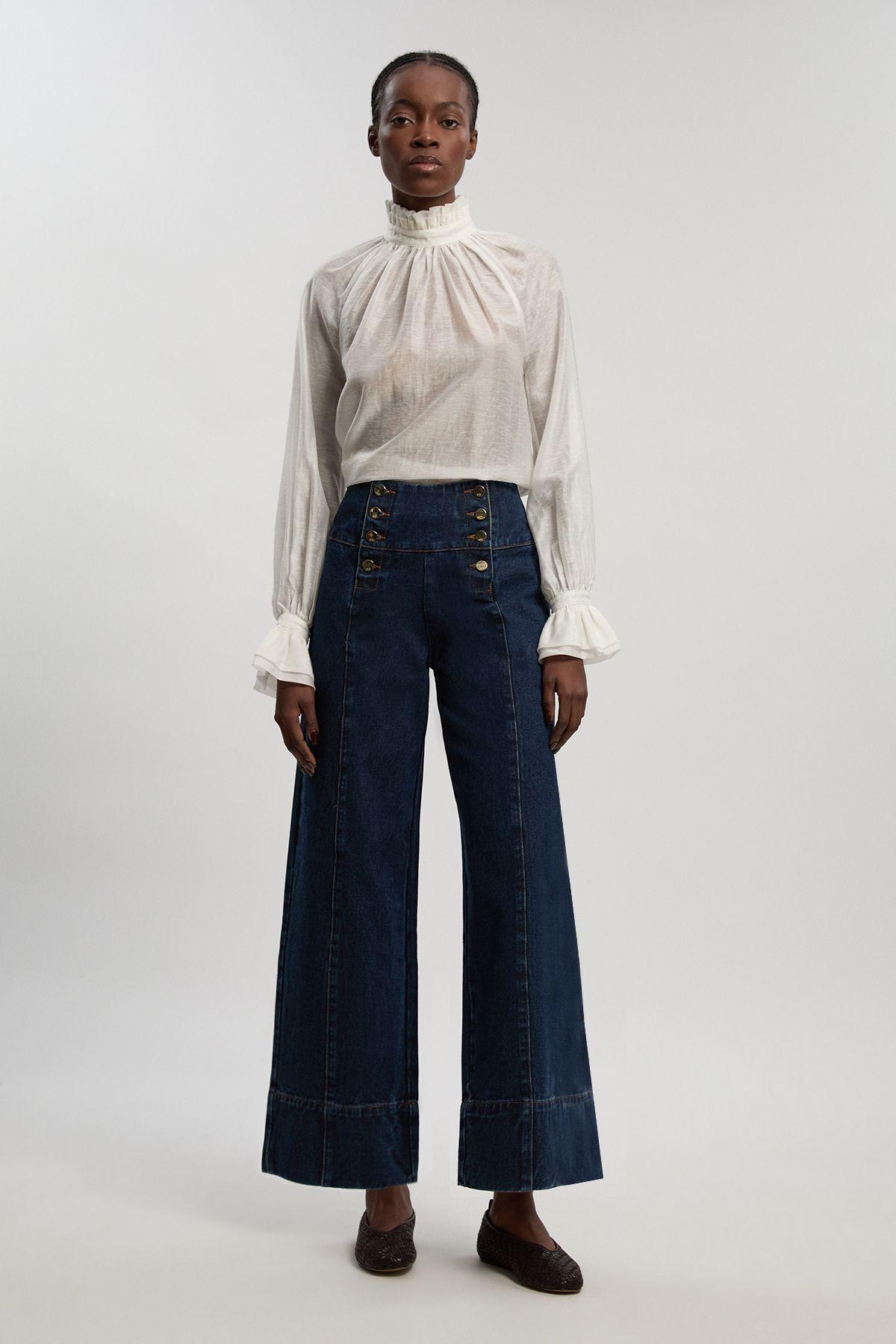 Denim Button Front Wide Leg Jeans by KARENMILLEN