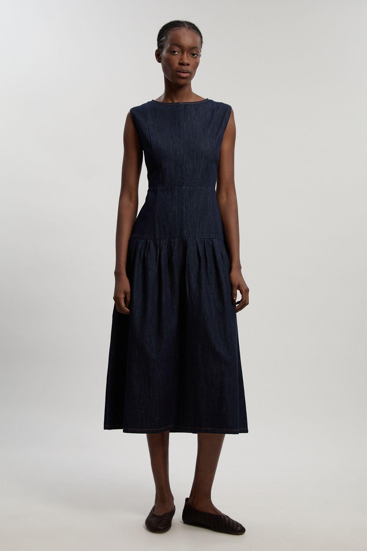 Denim Dropped Waist Full Skirted Midi Dress by KARENMILLEN