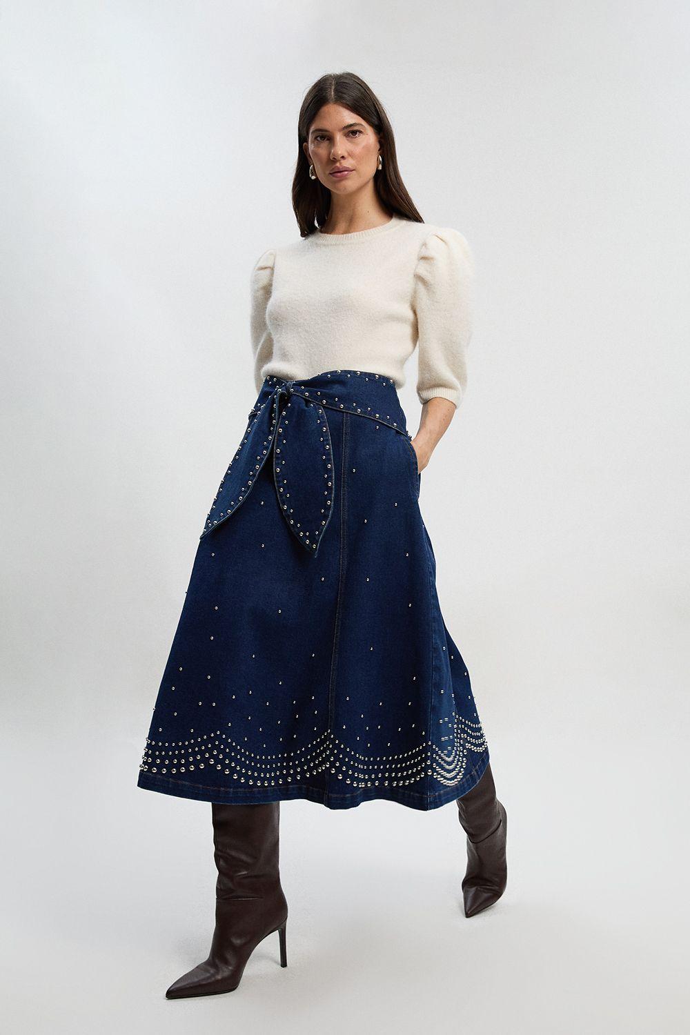 Denim Placed Stud Tie Belt Full Midi Skirt by KARENMILLEN