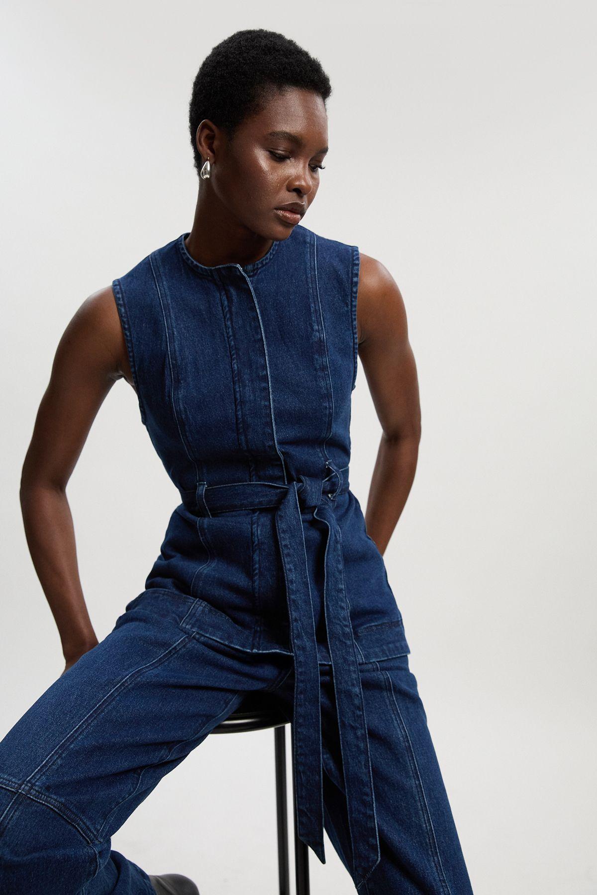 Denim Sleeveless Belted Jacket by KARENMILLEN