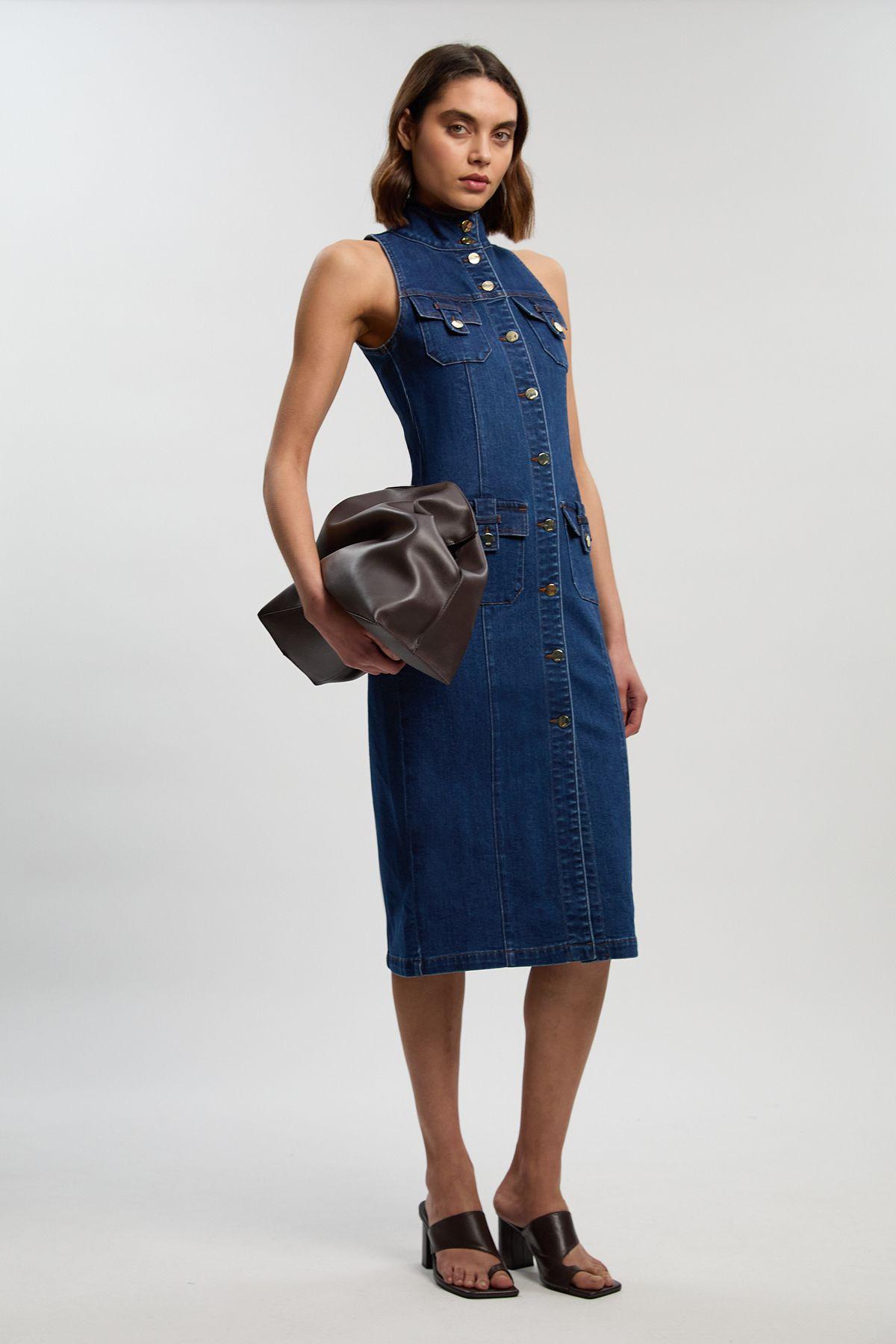 Denim Sleeveless Midi Button Detail Midi Dress by KARENMILLEN