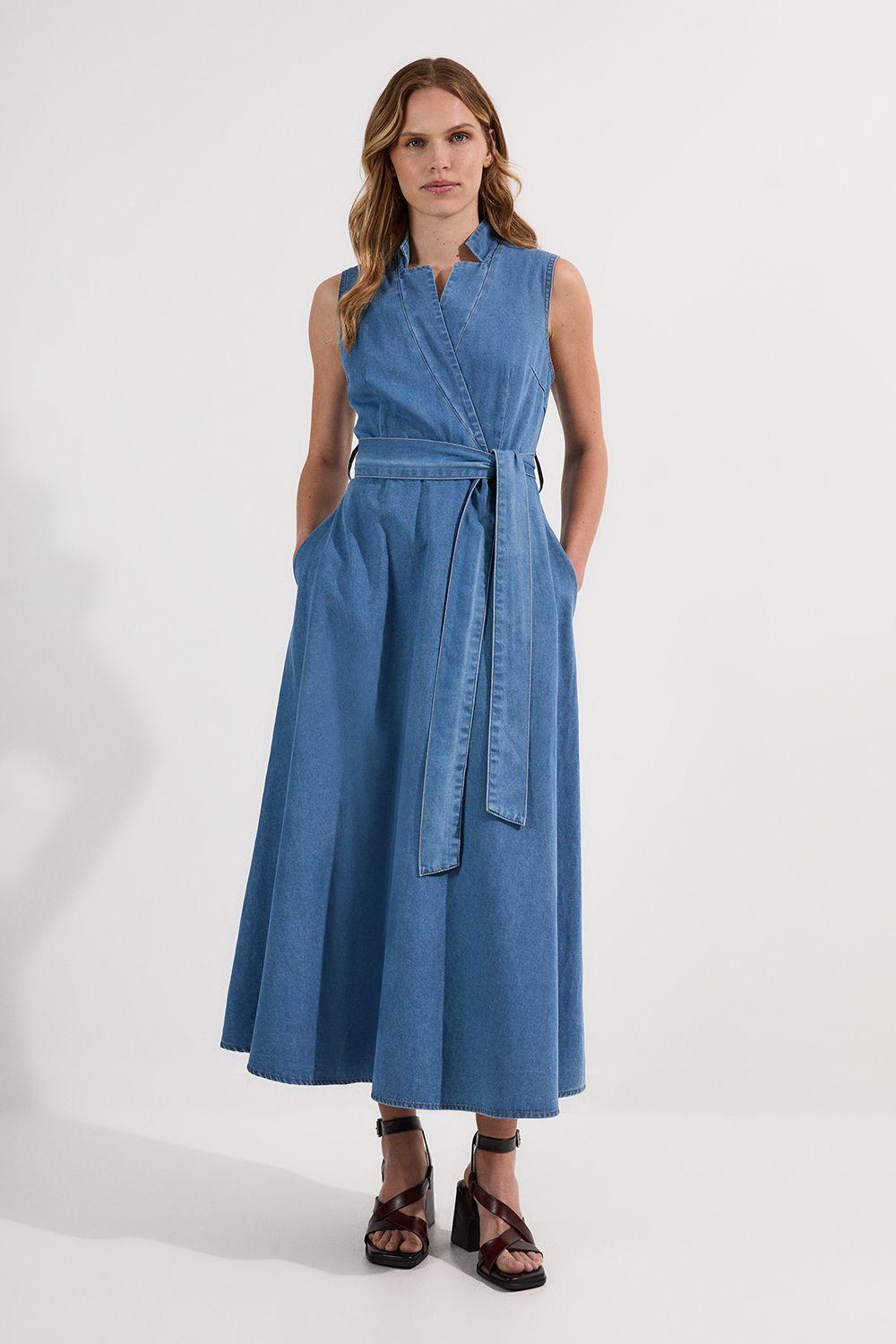 Denim Tailored Notch Neck Belted Fluid Midi Dress by KARENMILLEN