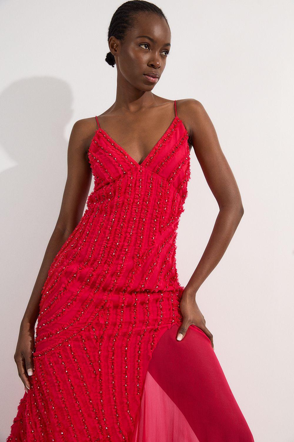 Embellished Ruffle Strappy Woven Maxi Dress by KARENMILLEN