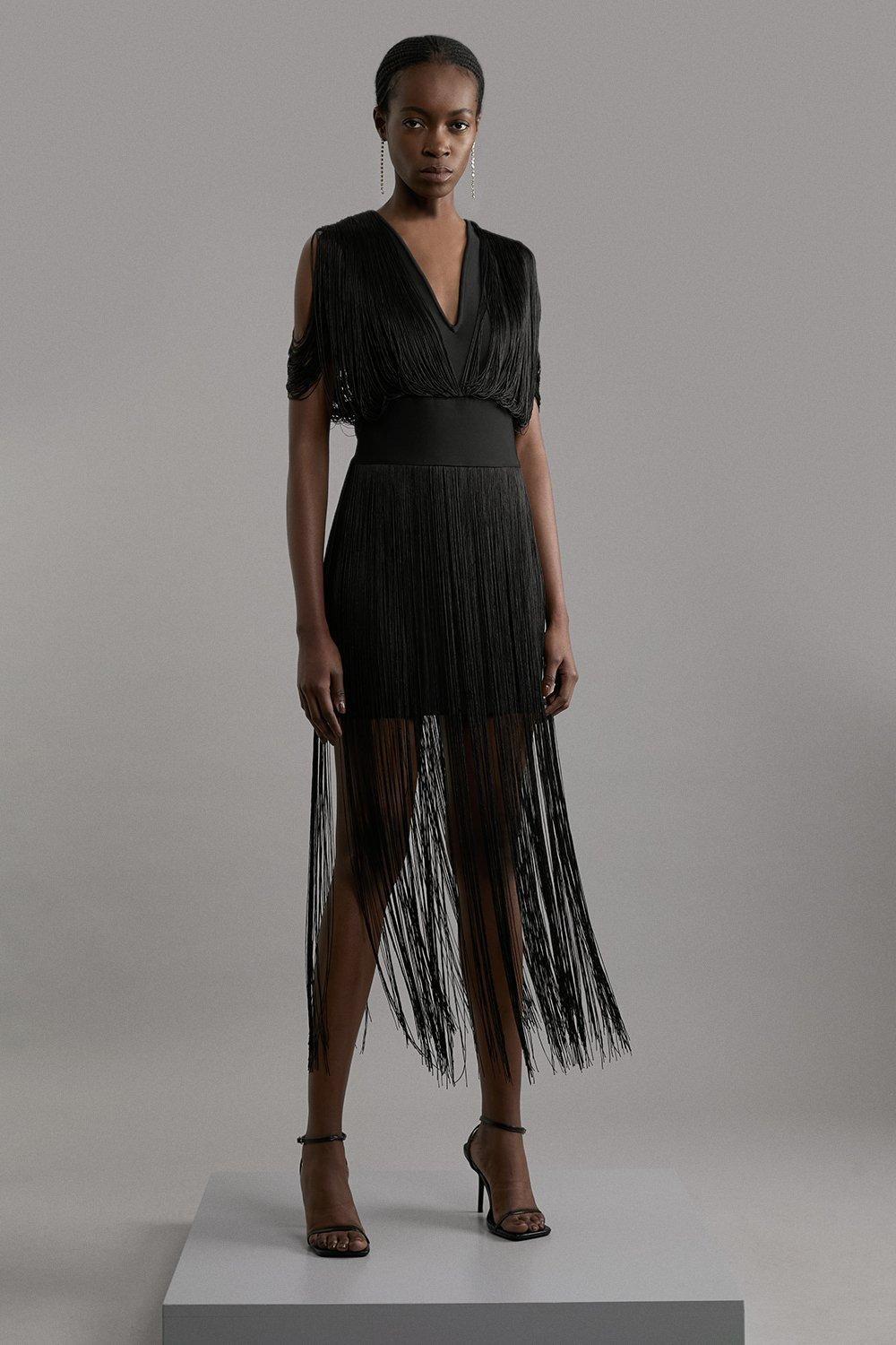 Figure Form Bandage Knit Fringe Detail Dress by KARENMILLEN
