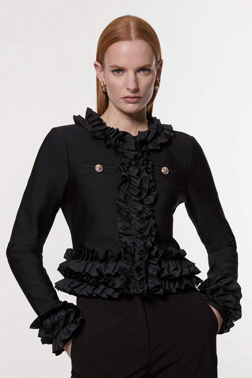 Figure Form Bandage Knit Jacket With Woven Ruffle Trim by KARENMILLEN