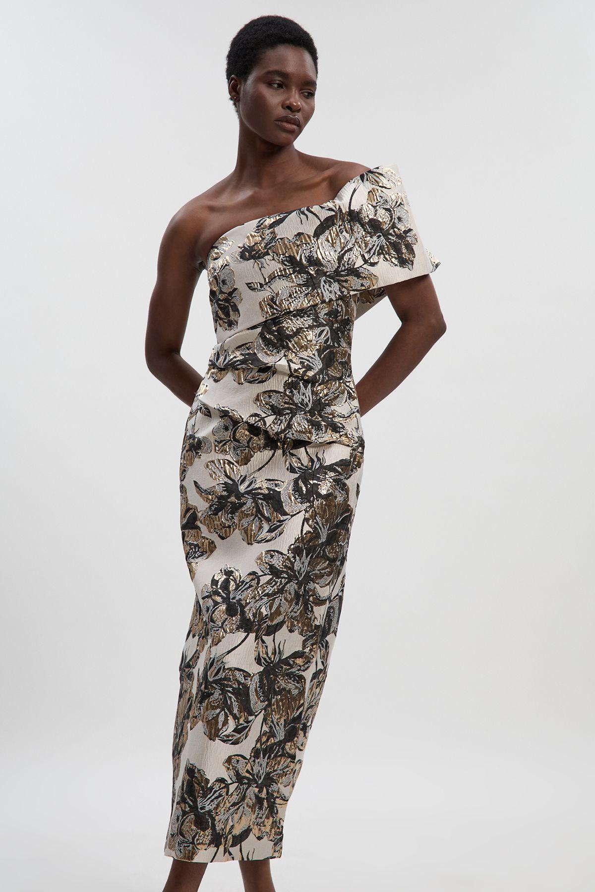 Floral Jacquard Asymmetric Neck Pencil Dress by KARENMILLEN