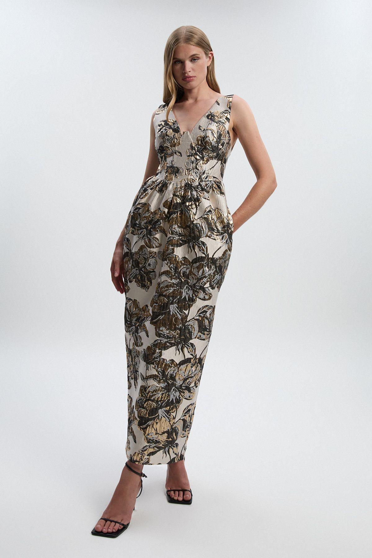 Floral Jacquard Plunge Corset Pencil Midi Dress by KARENMILLEN
