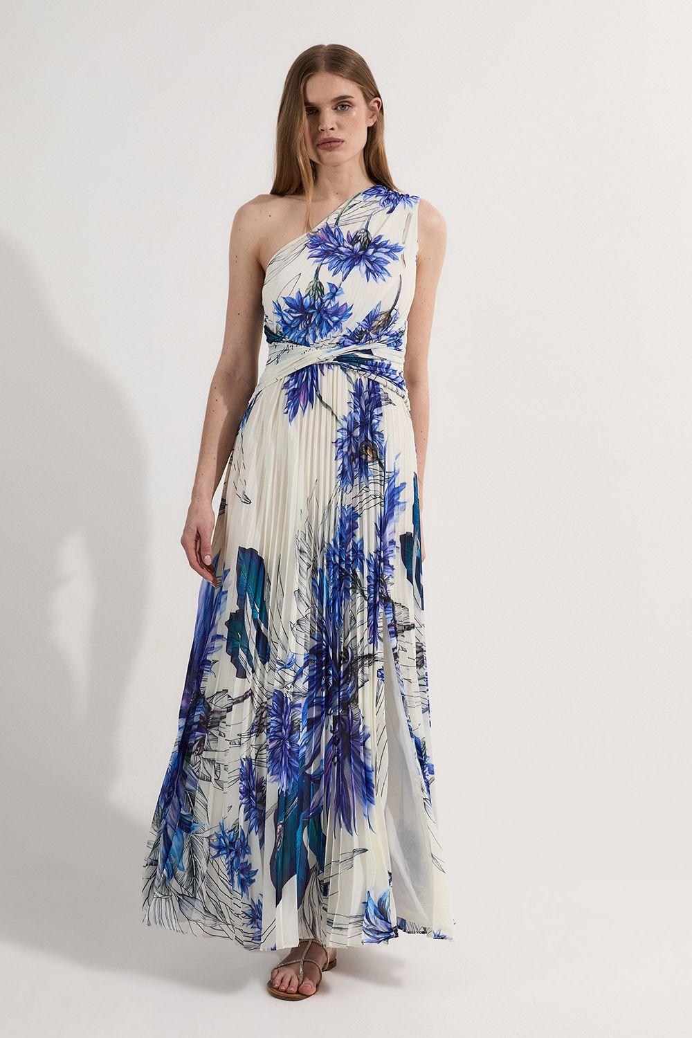 Floral Pleated Crinkle One Shoulder Woven Maxi Dress by KARENMILLEN