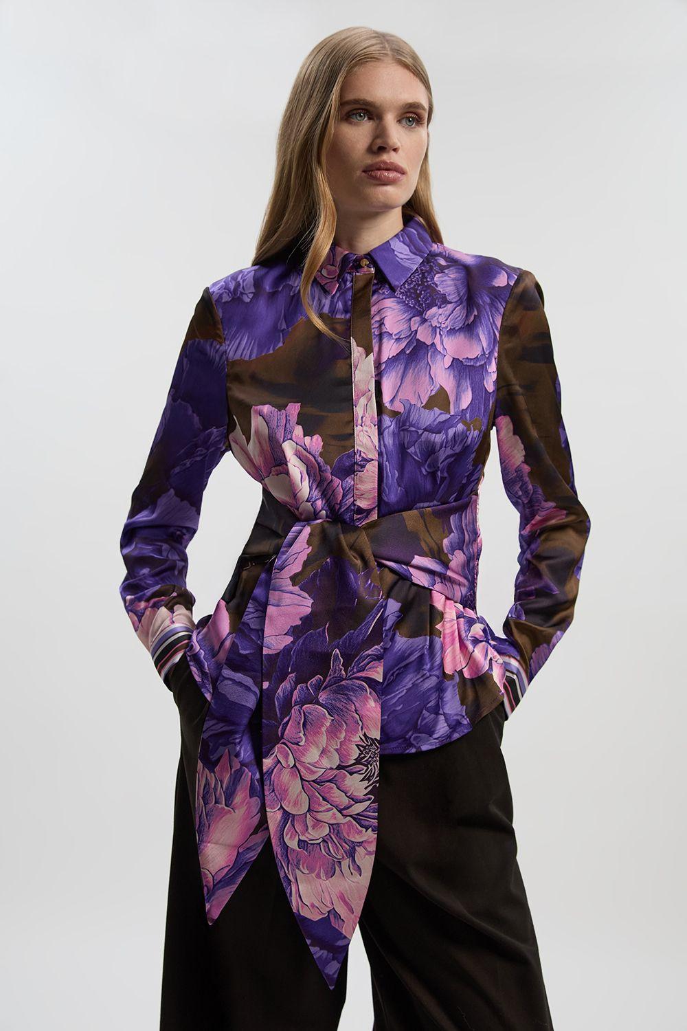 Floral Print Hammered Satin Collared Woven Shirt by KARENMILLEN