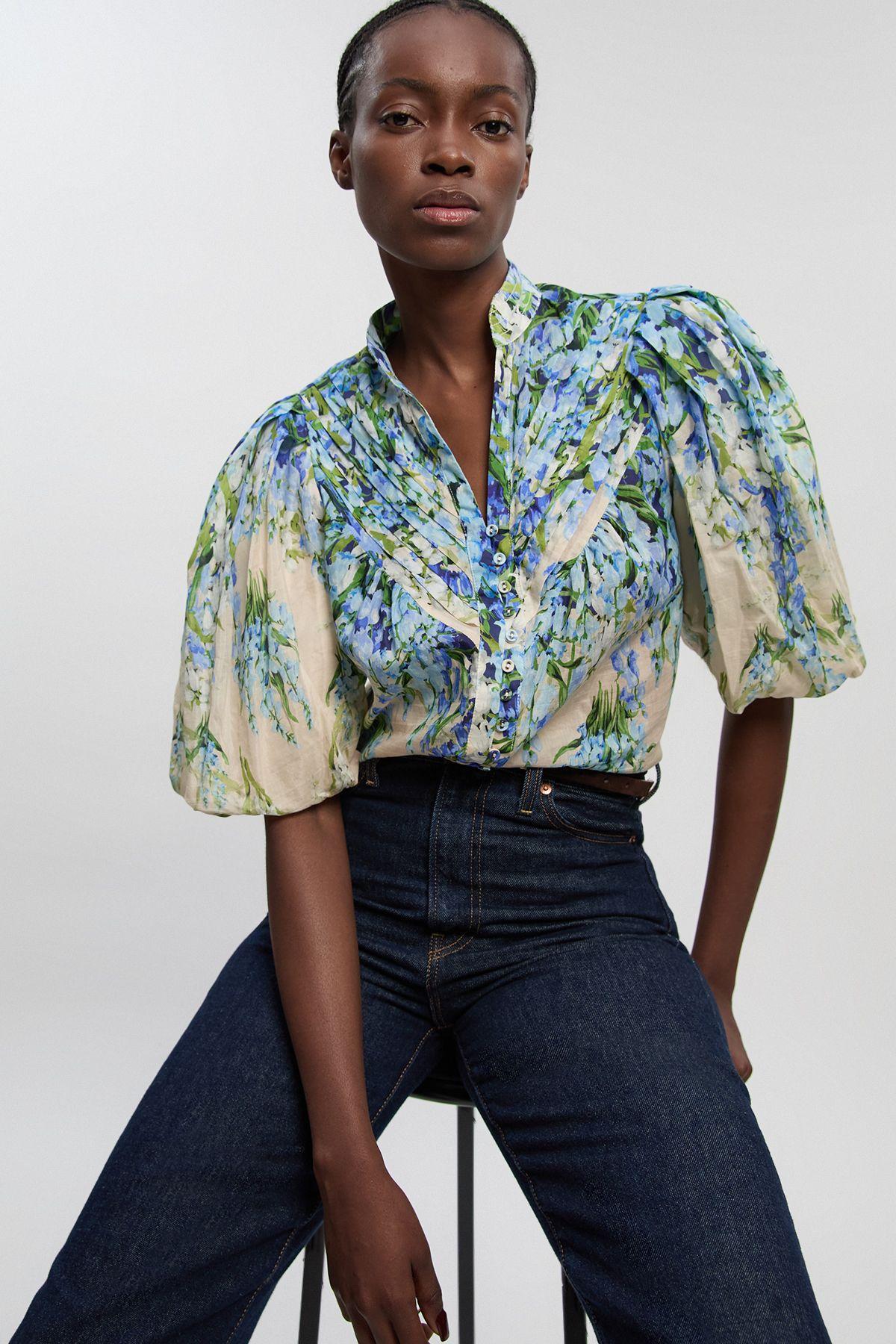Floral Silk Cotton Puff Sleeve Woven Blouse by KARENMILLEN