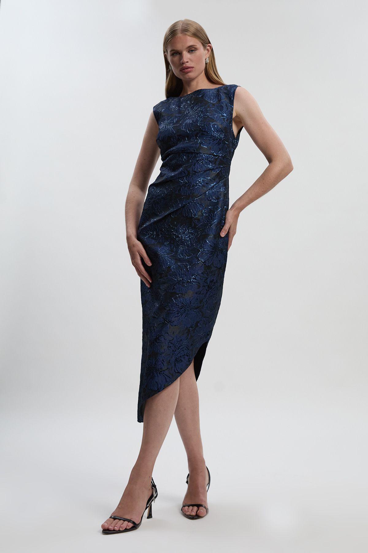 Floral Textured Jacquard Asymmetric Pencil Dress by KARENMILLEN