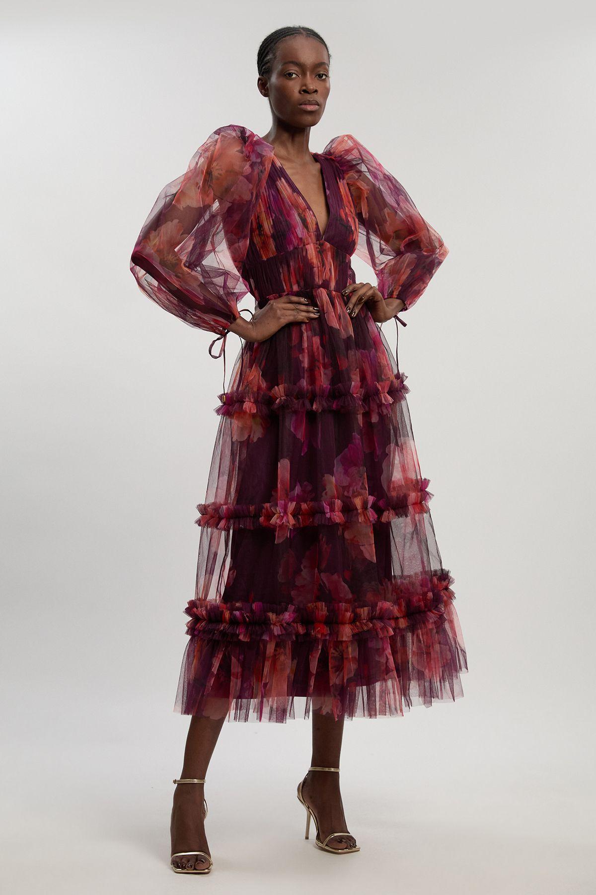 Floral Tulle Balloon Sleeve Plunge Woven Maxi Dress by KARENMILLEN