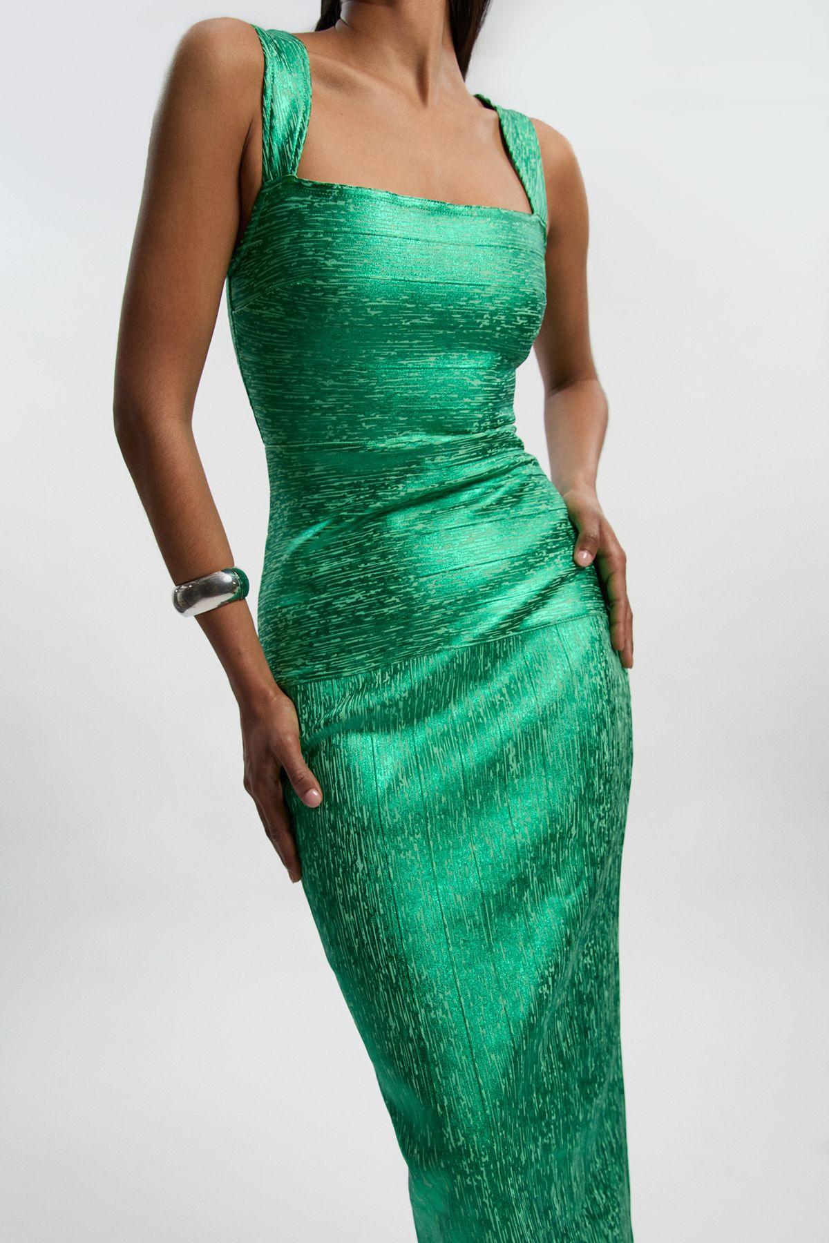 Foil Metallic Figure Form Bandage Strappy Knit Maxi Dress by KARENMILLEN