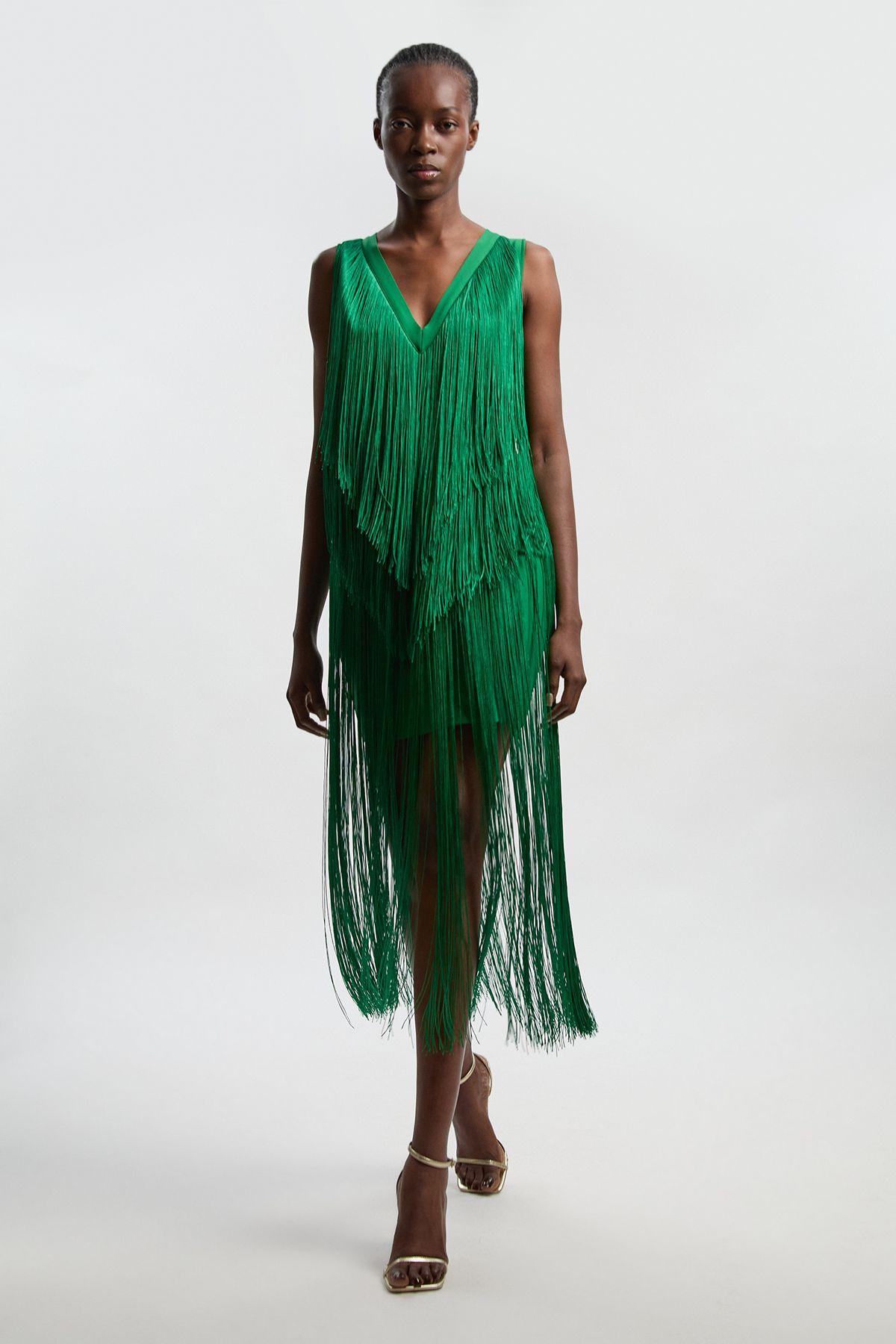 Fringe Bandage V Neck Knit Midi Dress by KARENMILLEN