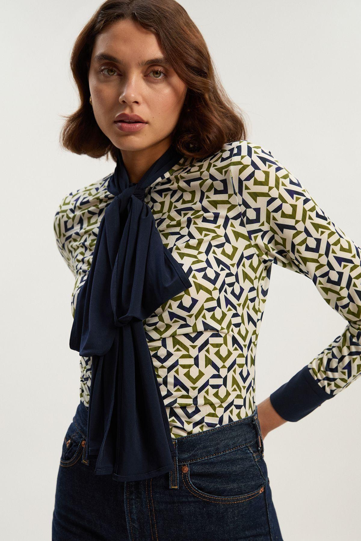 Geo Print Crepe Tie Neck Crepe Shirt by KARENMILLEN