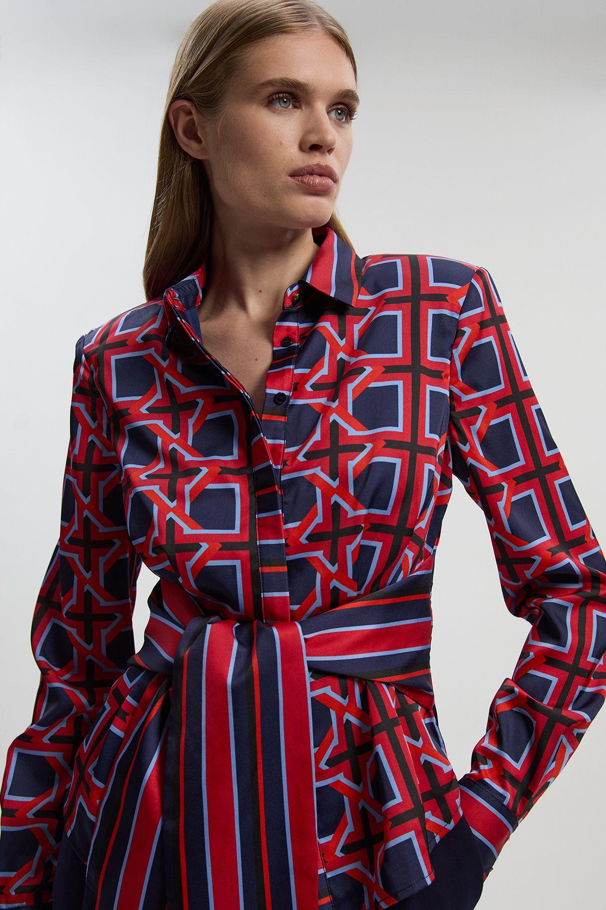 Geo Print Hammered Satin Tie Waist Woven Shirt by KARENMILLEN Geo Print Hammered Satin Tie Waist Woven Shirt by KARENMILLEN