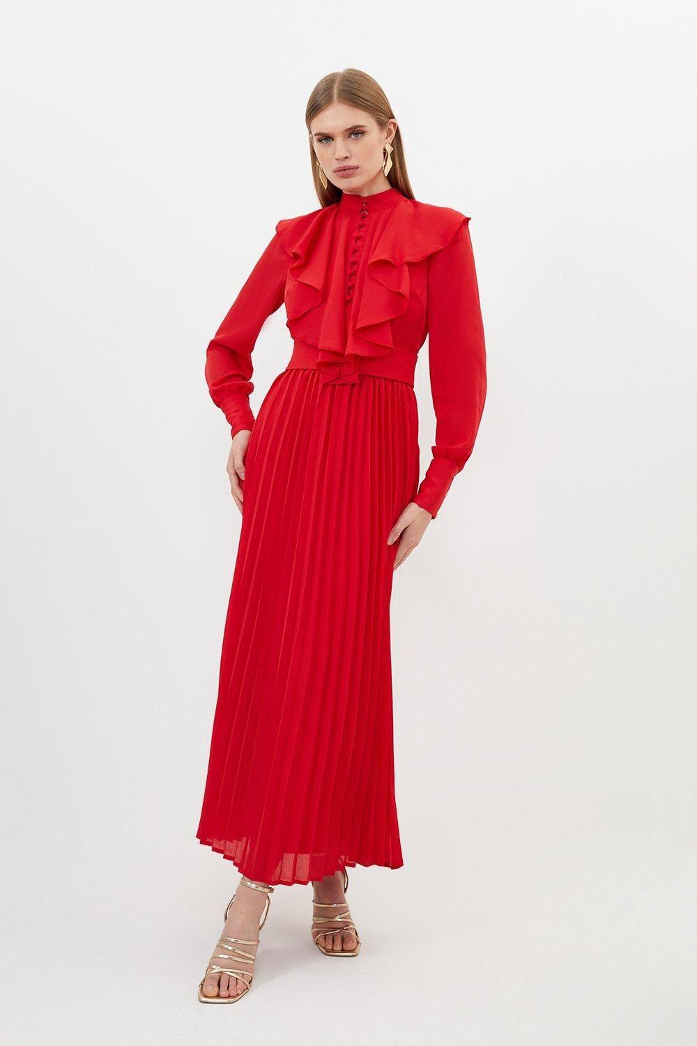 Georgette Ruffle Long Sleeve Woven Midi Dress by KARENMILLEN