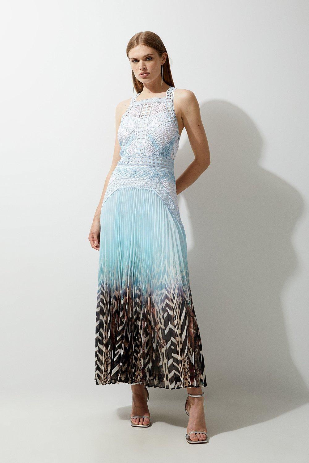Guipure Lace Printed Pleated Racer Woven Maxi Dress by KARENMILLEN Guipure Lace Printed Pleated Racer Woven Maxi Dress by KARENMILLEN