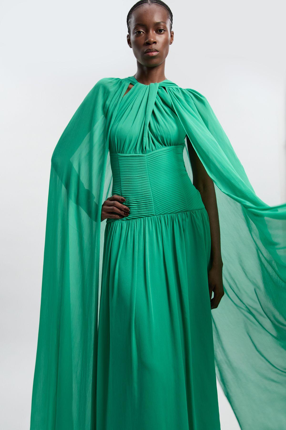 Halter Neck Twist Crinkle Georgette Cape Woven Maxi Dress by KARENMILLEN