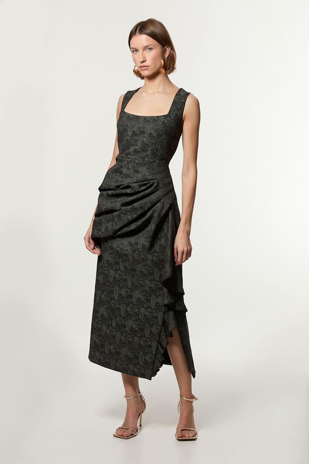 Jacquard Ruffle Strappy Tailored Maxi Dress by KARENMILLEN