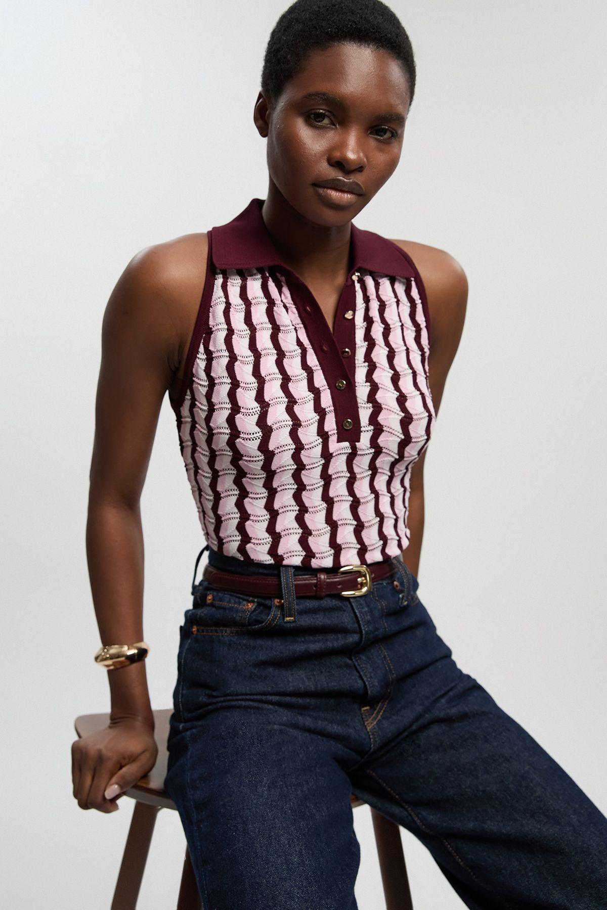 Knit Contrast Collar Pointelle Sleeveless Midi Top by KARENMILLEN