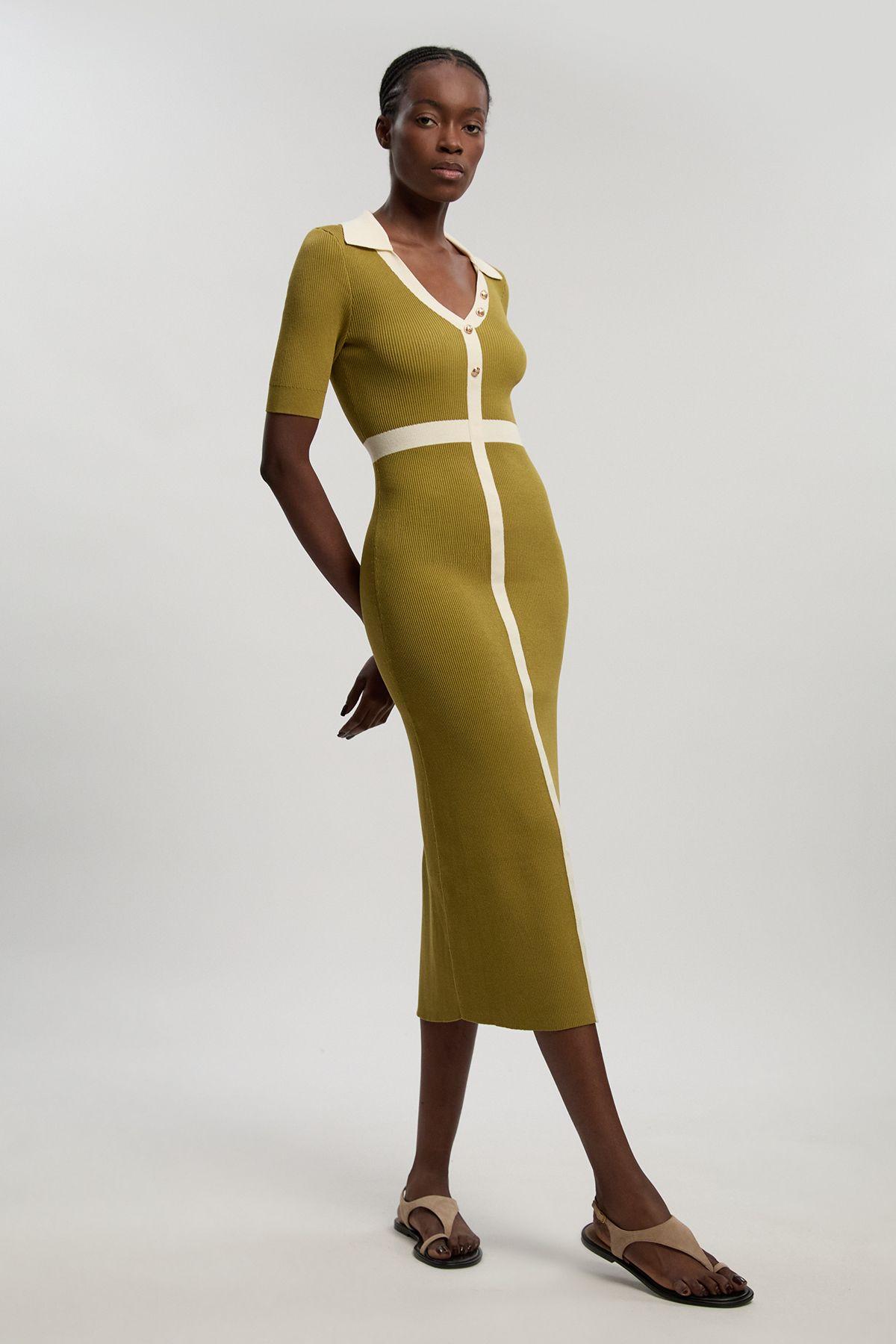 Knit Rib With Contrast Waist Detail Collared Short Sleeve Midi Dress by KARENMILLEN