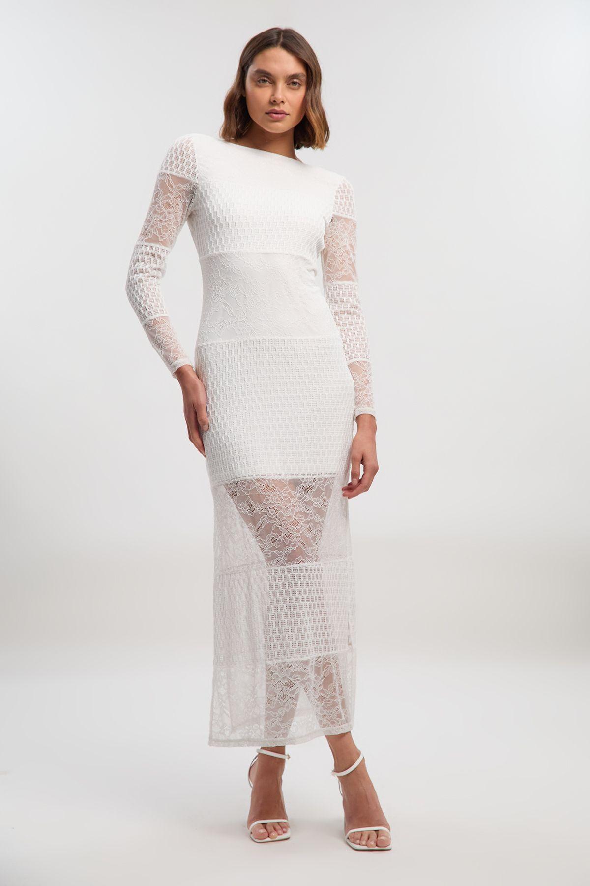 Lace Textured Low Back Long Sleeve Midi Dress by KARENMILLEN