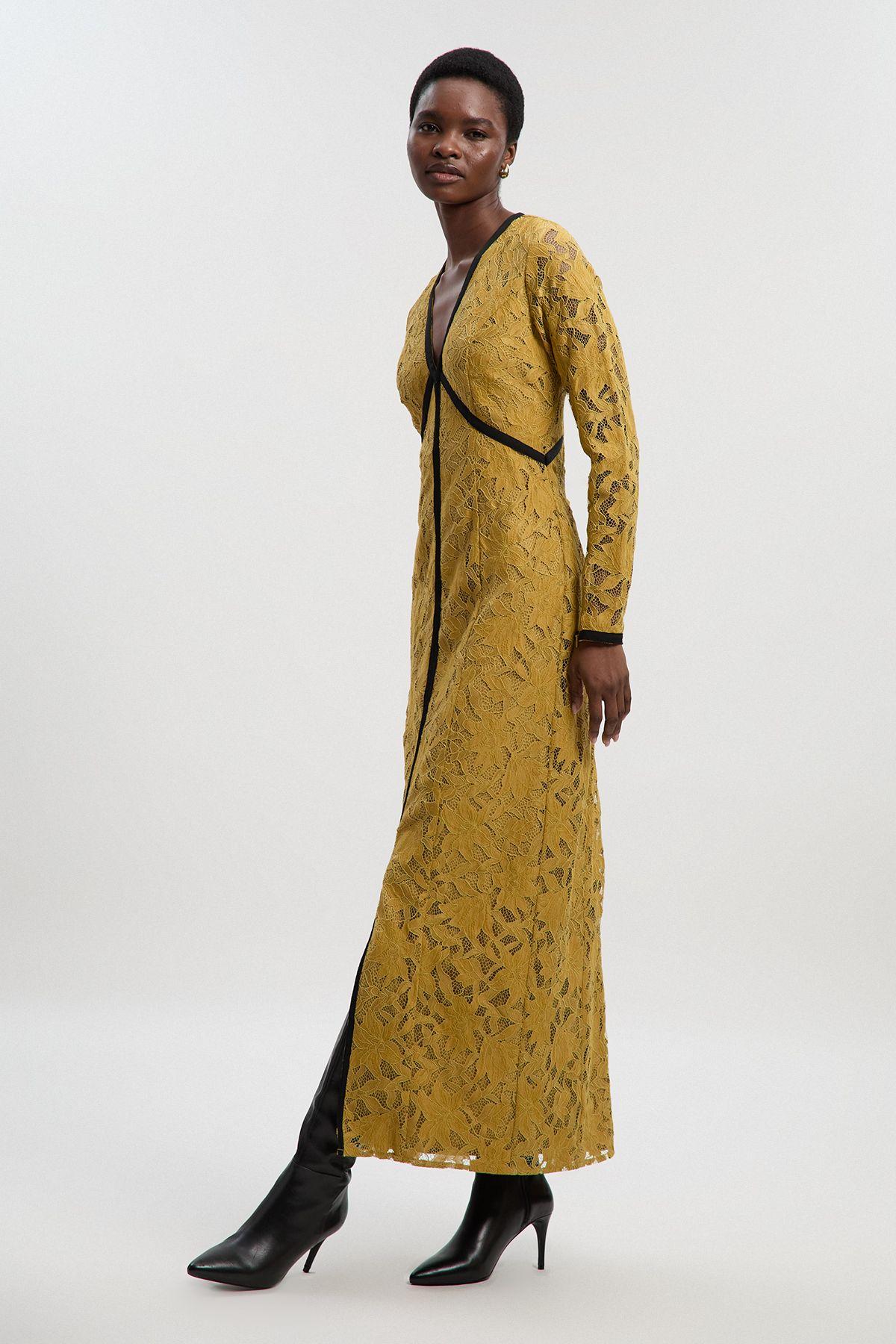 Lace with black taping long sleeve woven maxi dress by KARENMILLEN