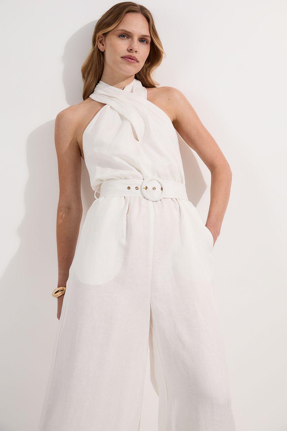Linen Viscose Cross Front Woven Belted Jumpsuit by KARENMILLEN