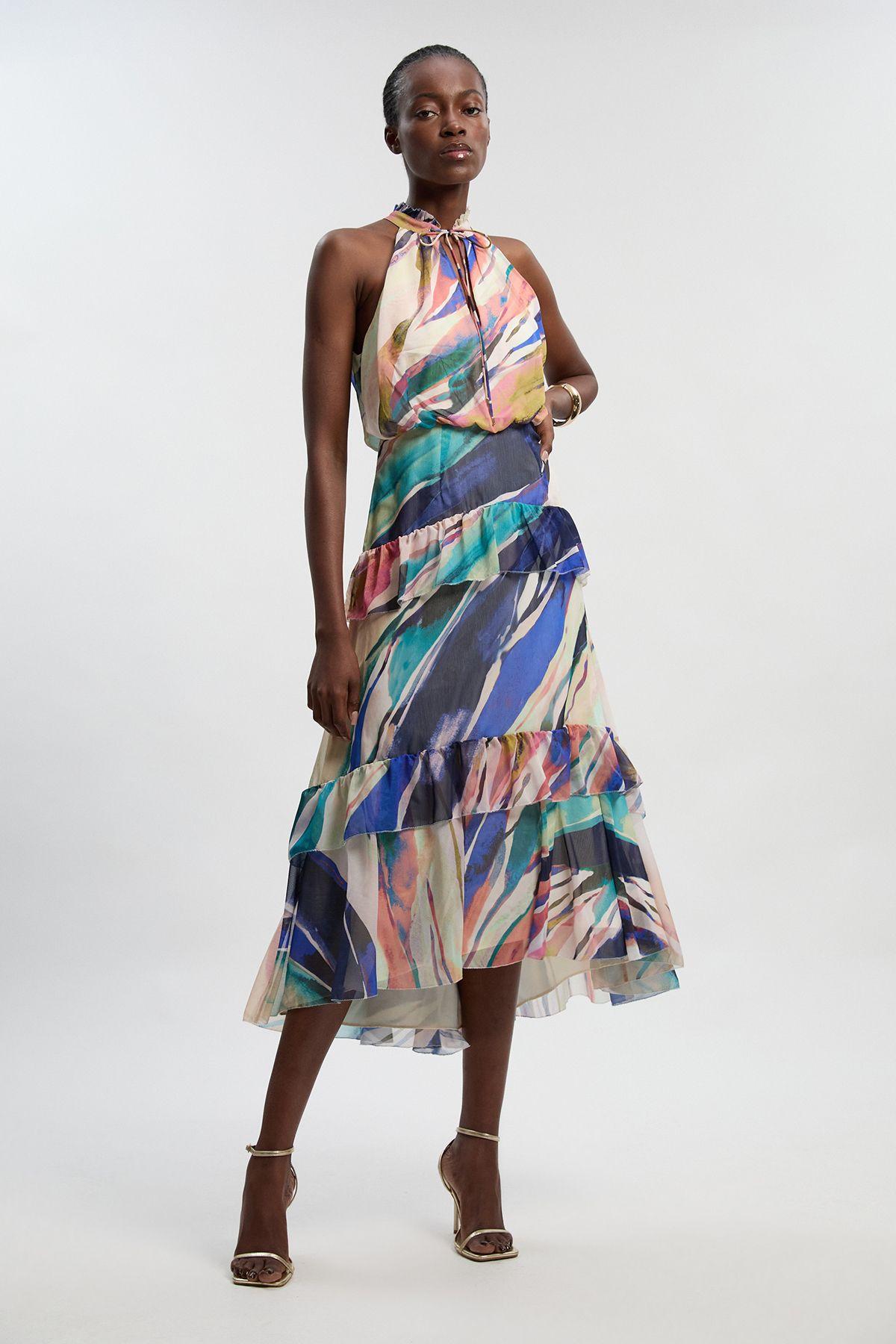 Marble Print Crinkle Chiffon Halter Neck Woven Maxi Dress by KARENMILLEN