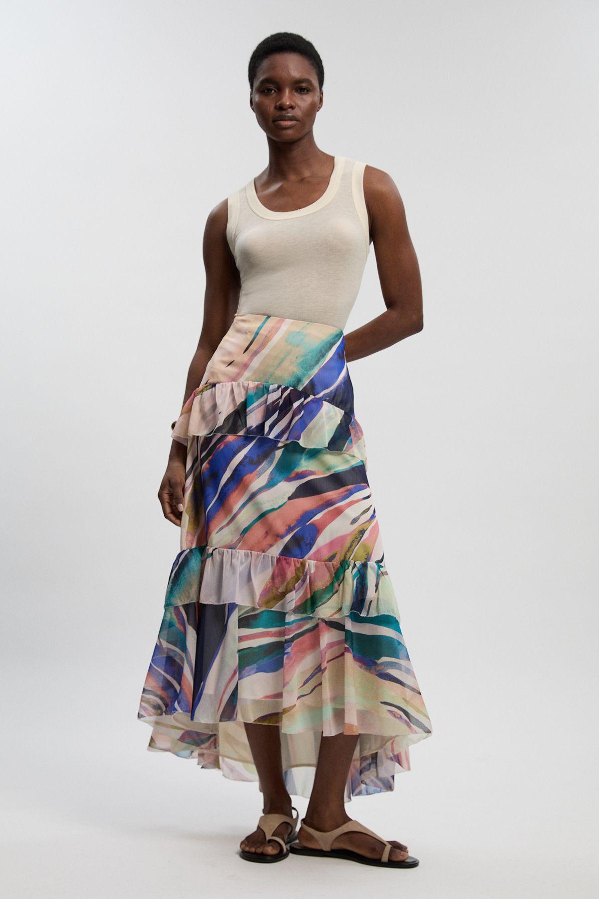 Marble Print Crinkle Chiffon Woven Maxi Skirt by KARENMILLEN