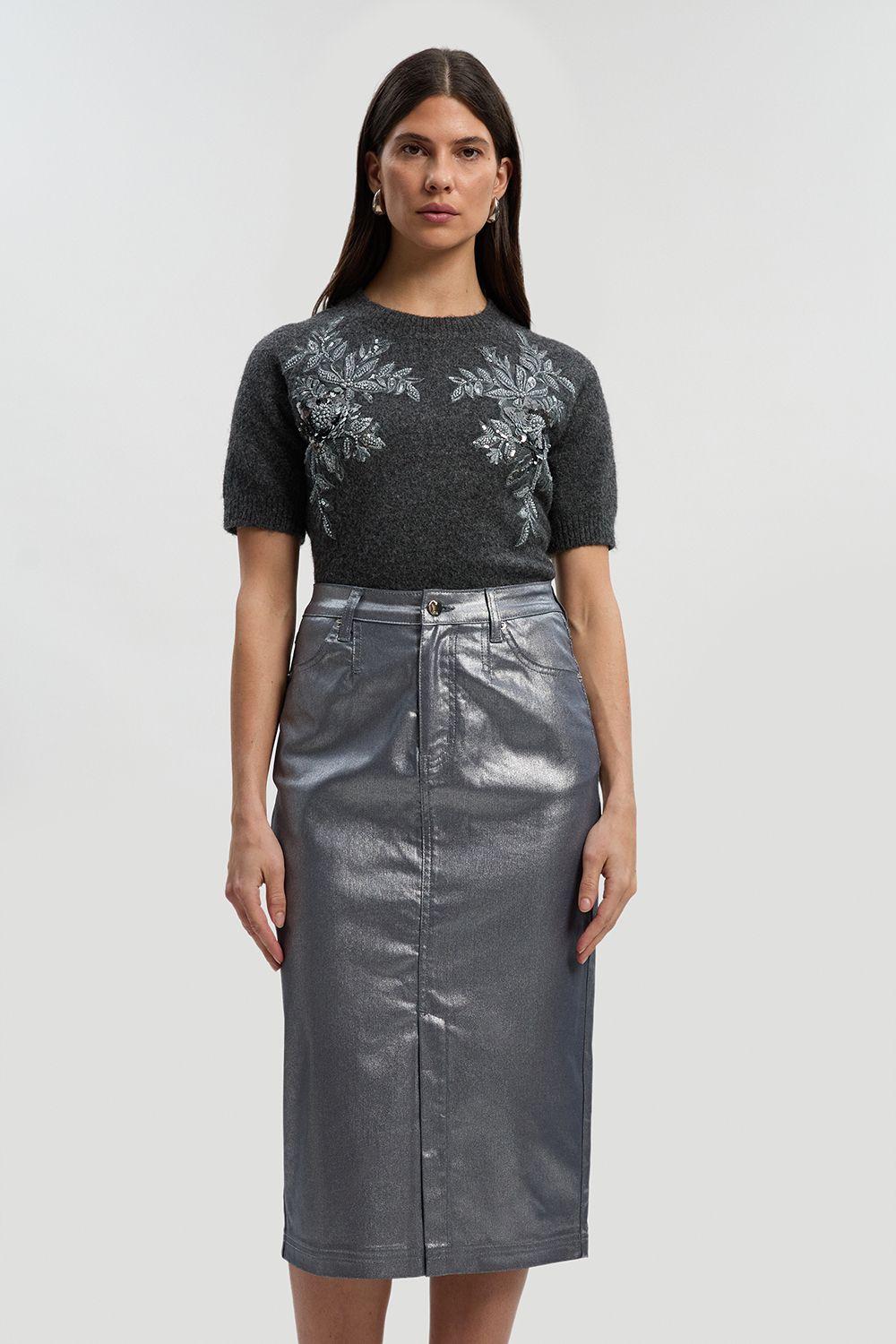 Metallic Coated Denim Pencil Midi Skirt by KARENMILLEN